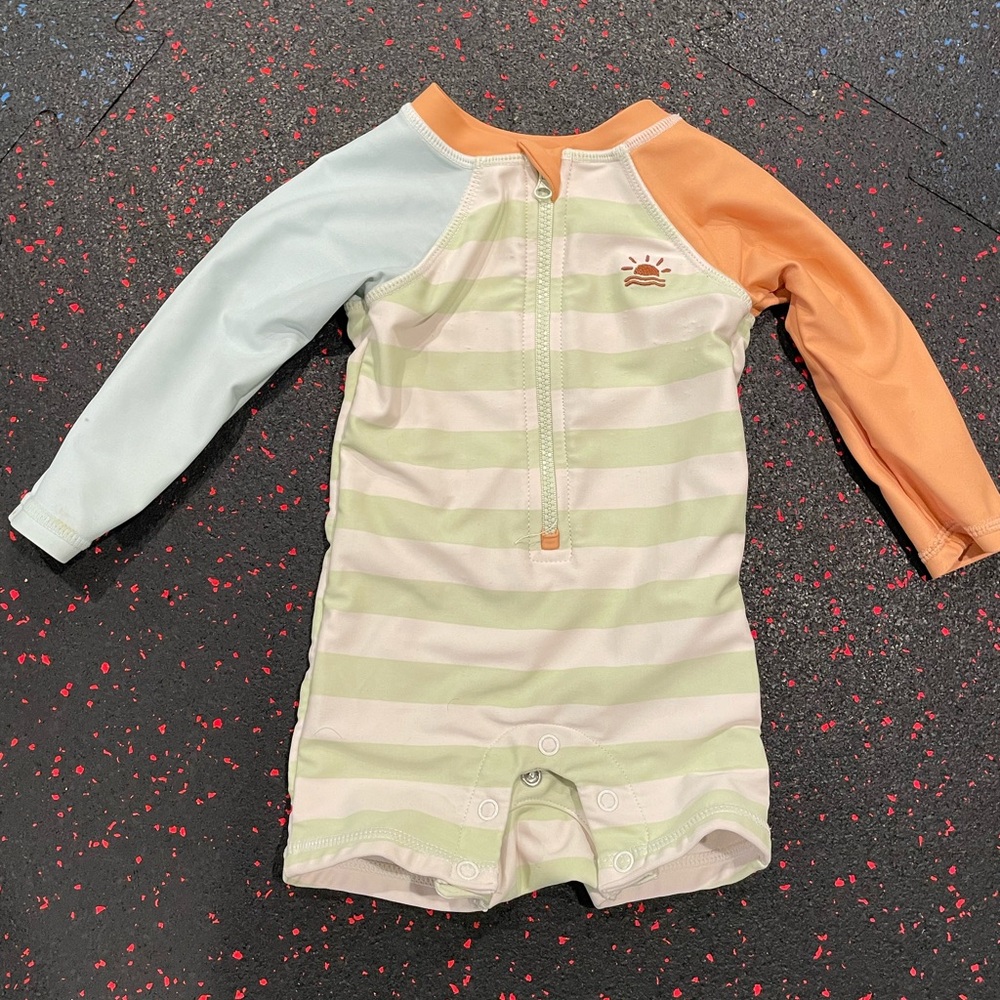 Kids Long-Sleeve Stripe Swim Suit in Mint & Peach
